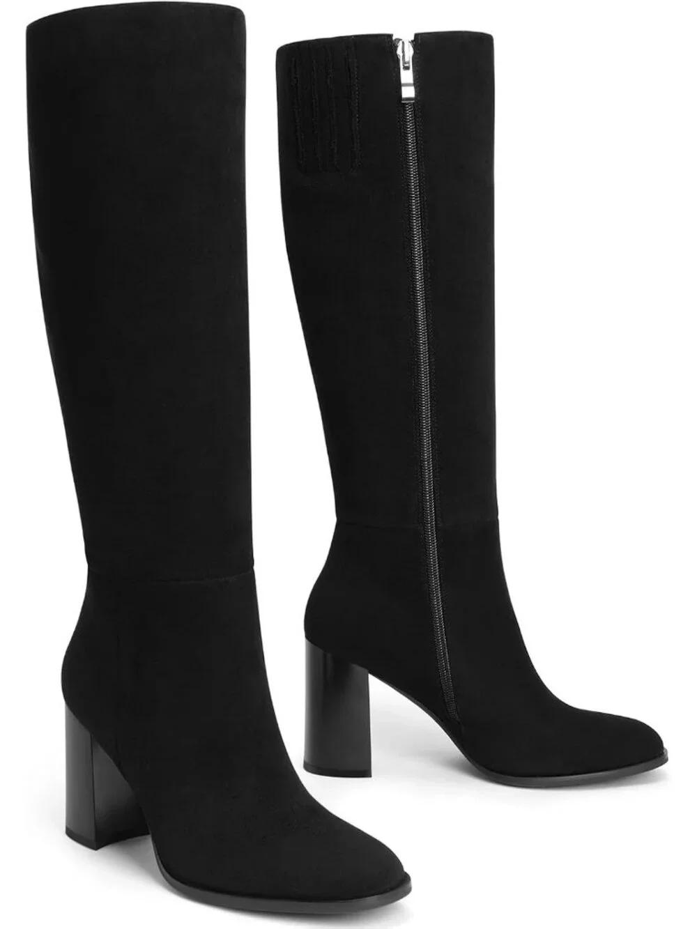 Women Suede Black Knee High Side Zip Fashionable Round Toe Gogo Chunky Heel Boot